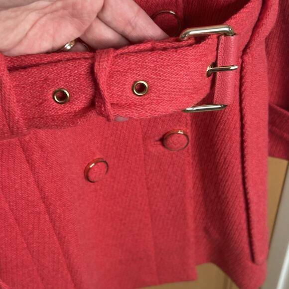 Tory Burch Wool Pea Coat XL Red Double Breasted Gold Buttons Belted Alek Jacket - Picture 4 of 12